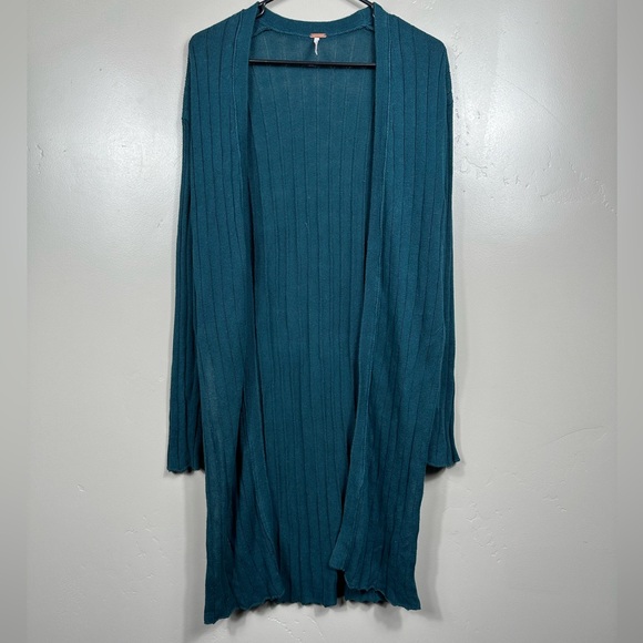 Free People Ribby Rib Cardigan Duster Teal Blue Green Long Sweater - XS - Picture 2 of 7